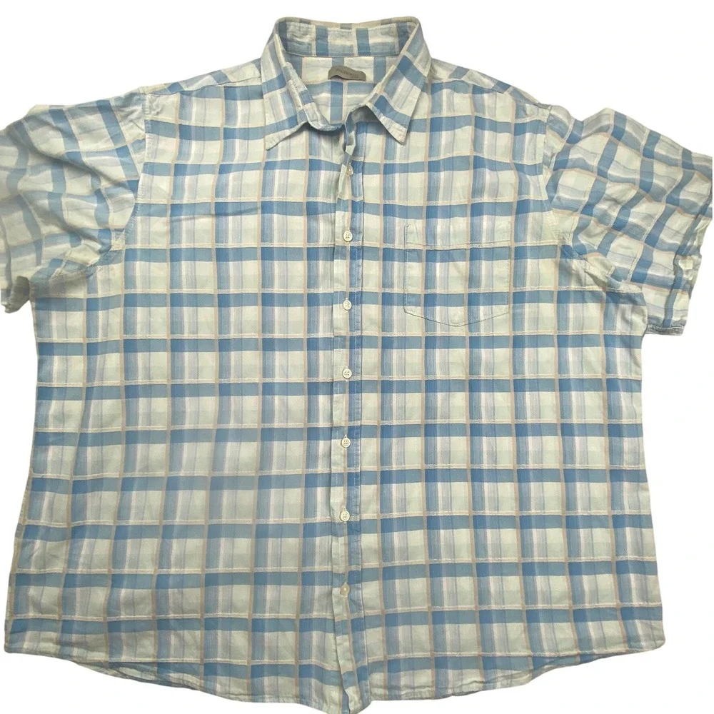 Woolworths Mens XXXL Blue Plaid Cotton Linen Short Sleeve Button Up Shirt 0366